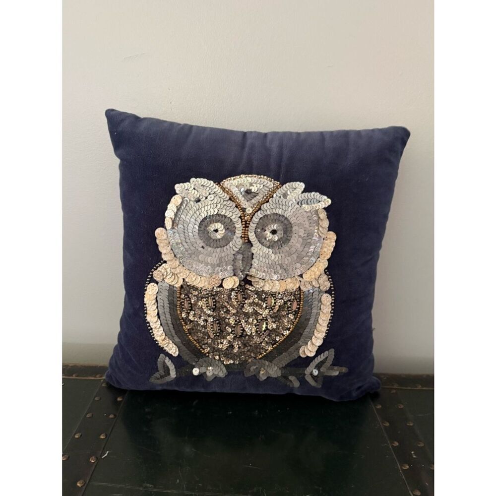 Pier 1 Imports Deep Blue Velvet Sequins Beaded Owl Accent Pillow Jewel Tone